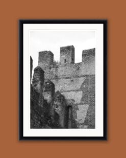 Black and white framed print showing the different angles and geometric shapes of Castello Scagliero di Lazise in Italy taken by Photographer Scott Allen Wilson.