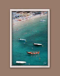 White framed print of a sun-soaked beach in Monterosso al Mare, Cinque Terre, Italy. By Photographer Scott Allen Wilson.