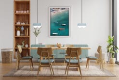 The Acqua Marina print, hangs in a kitchen with wooden decor and water blue details. By Photographer Scott Allen Wilson.