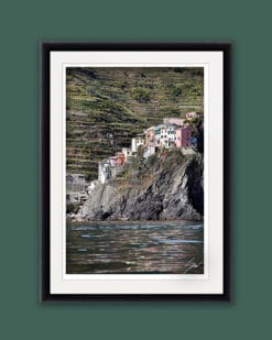 Black framed artistic print of Manarola in Cinque Terre, Italy, city over the sea. By Photographer Scott Allen Wilson.