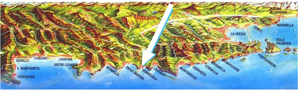 Map of the Ligurian coast, focused on details of Cinque Terre and Bonassola.