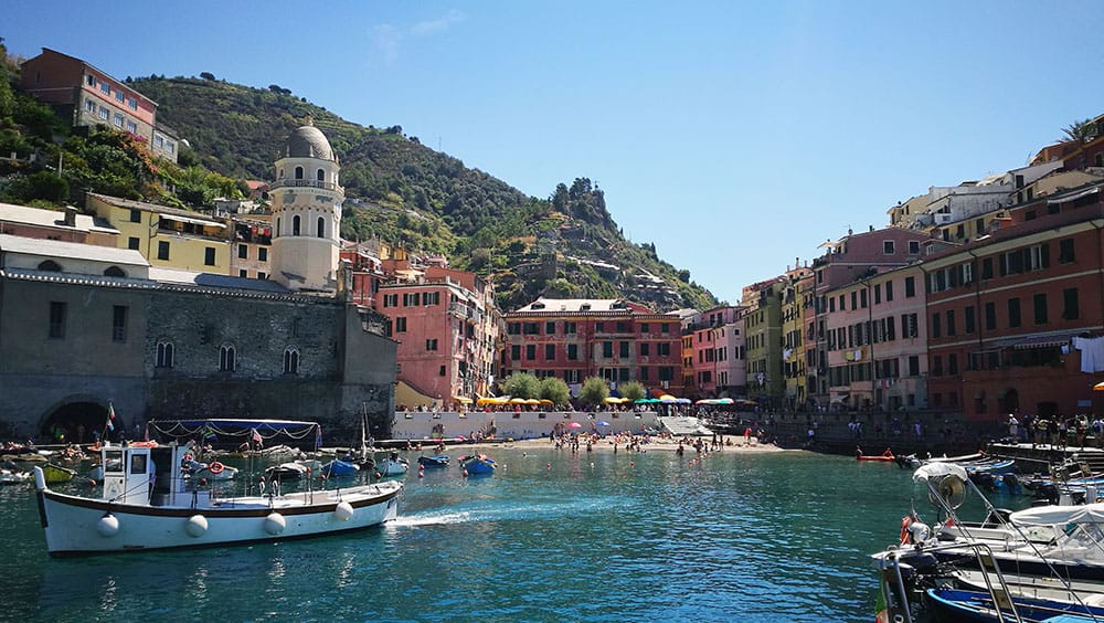 The coastline of Vernazza, featuring its famous Church of St. Margaret of Antioch.