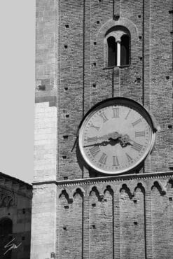 Black and white print of a detail of the clock tower of Palazzo del Governatore. Captured by Scott Allen Wilson