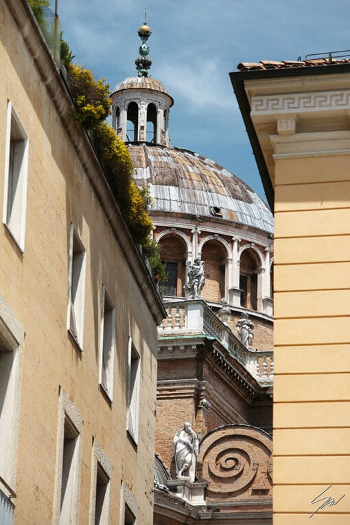 Print of the Basilica of Parma peeking from a typical italian street. Shot by Photographer Scott Allen Wilson