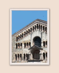 White framed print of a detail of the Cathedral of Santa Maria Assunta in Parma. Captured by Scott Allen Wilson