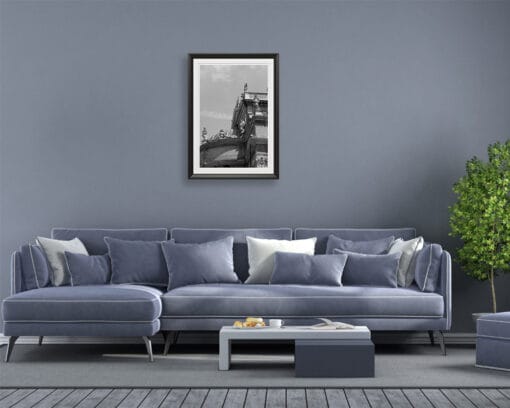 A print of the Basilica of Parma hung in a blue modern room. By Photographer Scott Allen Wilson.