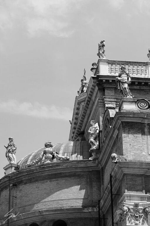 Black and white print of a detail of the Basilica di Santa Maria della Steccata in Parma. Captured by Scott Allen Wilson