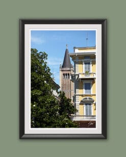 Black framed print of the tower of the Cathedral of Santa Maria Assunta, in Parma. Captured by Photographer Scott Allen Wilson
