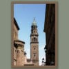 Wooden framed print of a tower contrasting with the blue sky in Parma. Shot by Photographer Scott Allen Wilson