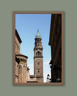Wooden framed print of a tower contrasting with the blue sky in Parma. Shot by Photographer Scott Allen Wilson