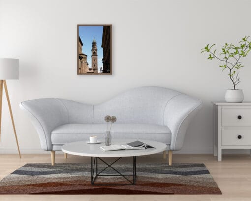 A print of Parma hung in a white minimal room with wooden decor. By Photographer Scott Allen Wilson. 