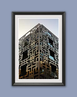 A black framed print of a dystopian steel building in Pescara, Italy. By Photographer Scott Allen Wilson.