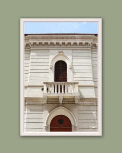 A white framed print of a liberty style building in Pescara, Italy. By Photographer Scott Allen Wilson.