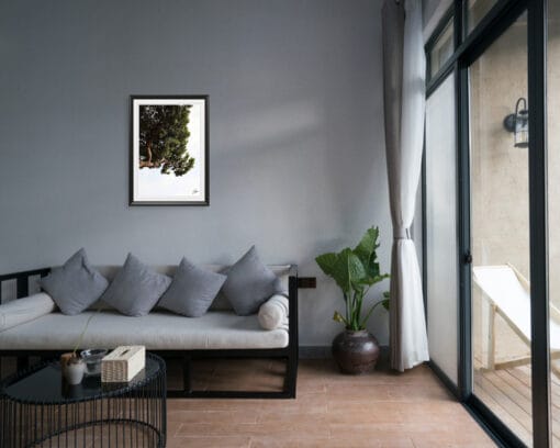 A black framed print of a tree peeking from above in Pescara, Italy, hanging in a living room with a grey sofa and light parquet. By Photographer Scott Allen Wilson.