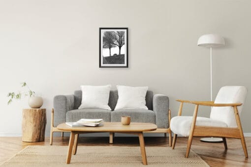 A framed print of a man reading in a park in Lucca, Italy, hanging in a minimal living room with wooden decor. By Photographer Scott Allen Wilson.