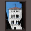 A dark brown framed print of the clock tower of the Church of San Michele in Foro in the city of Lucca, Italy. By Photographer Scott Allen Wilson.