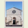 A white framed print of the façade of San Francesco Church in Lucca, Italy, with a rose window. By Photographer Scott Allen Wilson.
