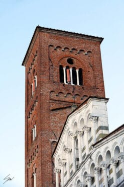 The San Francesco Church in white and green marble, while a red brick tower stands behind it in the city of Lucca, Italy. By Photographer Scott Allen Wilson.