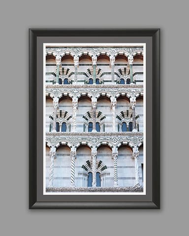 A black framed print of San Francesco Church's façade in the city of Lucca, Italy. By Photographer Scott Allen Wilson.