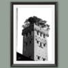 A black and white print of Torre Guinigi with trees on top of it in the city of Lucca, Italy. By Photographer Scott Allen Wilson.