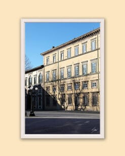 A white framed print of an old noble palace in Lucca, Italy. By Photographer Scott Allen Wilson.