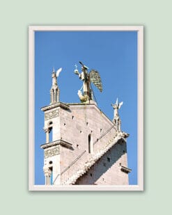 A white framed print of the Church of San Michele in Foro in Lucca in the city of Lucca, Italy. By Photographer Scott Allen Wilson.
