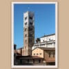 A white framed print of the San Martino Cathedral tower in the city of Lucca, Italy. By Photographer Scott Allen Wilson.