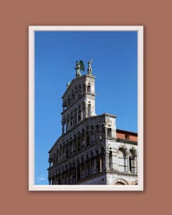 A white framed print of Church of San Michele in Foro in Lucca, Italy. By Photographer Scott Allen Wilson.