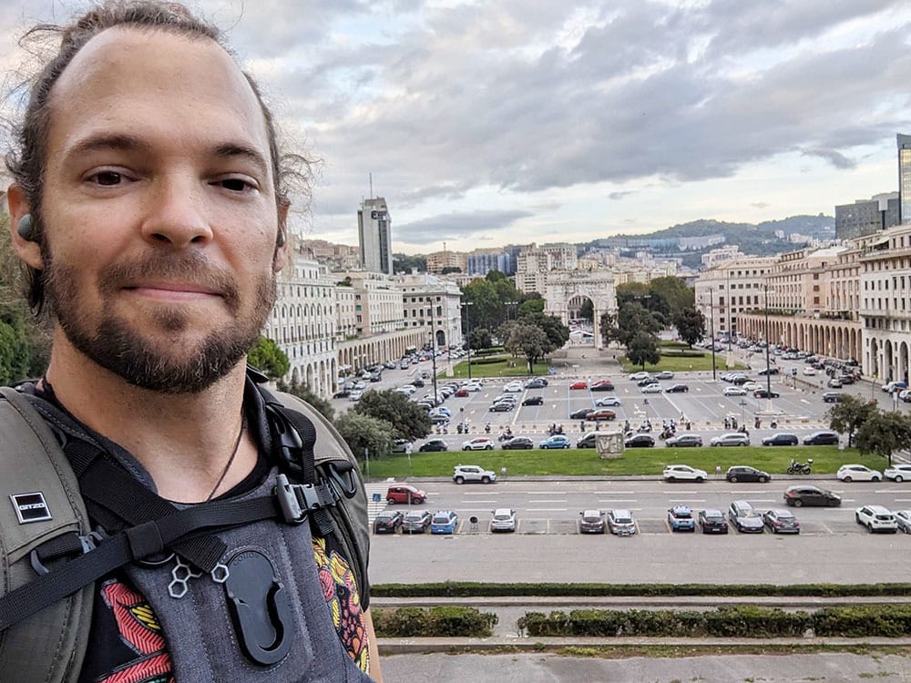 Scott at the Tre Caravelle stairs viewpoint in Genova, Italy