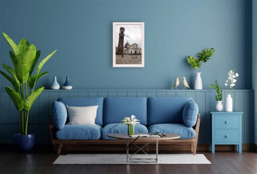 A framed print of Torino, Italy, hanging in a modern style living room