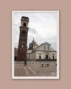 A white framed print of a bell tower in Torino, Italy. By Photographer Scott Allen Wilson.