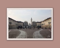 A white framed print of San Carlo square in Torino, Italy. By Photographer Scott Allen Wilson.