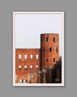 A white framed print of Porta Palatina in Torino, Italy. By Photographer Scott Allen Wilson.