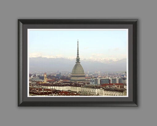 A black framed print of the skyline of Torino, Italy. By Photographer Scott Allen Wilson.