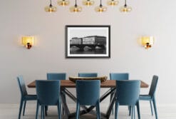 A b&w framed print of a bridge in Torino, Italy, hanging in a modern kitchen. By Photographer Scott Allen Wilson.