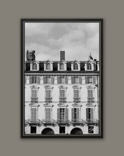 A b&w framed print of an elegant building in Torino, Italy. By Photographer Scott Allen Wilson.