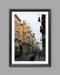 A black framed print of Torino's city center, Italy. By Photographer Scott Allen WIlson.