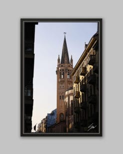 A black framed print of a tower in Turin, Italy. By Photographer Scott Allen Wilson.