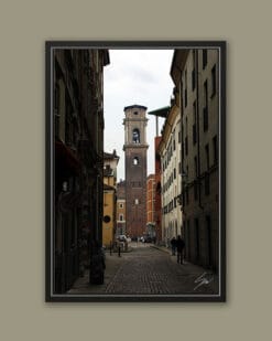 A black framed print of a bell tower in Torino, Italy. By Photographer Scott Allen Wilson.