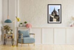 A black framed print of the Holy Shroud Chapel in Torino, Italy, hanging in a classic living room. By Photographer Scott Allen Wilson.