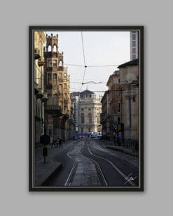 A black framed print of the tram railway system in Torino, Italy. By Photographer Scott Allen Wilson.