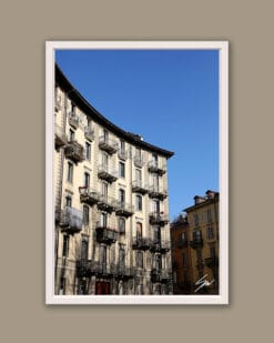 A white framed print of a palace hit by light and shadow in Torino, Italy. By Photographer Scott Allen Wilson.