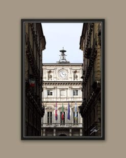 A black framed print of the town hall of Torino, Italy. By Photographer Scott Allen Wilson.