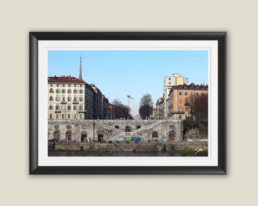 A black framed print of the banks of the river Po in Torino, Italy. By Photographer Scott Allen Wilson.