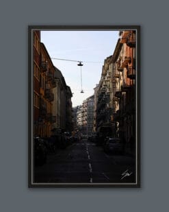 A black framed print of the streets of Turin, Italy. By Photographer Scott Allen Wilson.