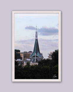 Wooden framed artistic print of a serene landscape in Genova, Italy, showcasing a geometric structure under a lilac painted sky. Photo captured by Travel Photographer Scott Allen Wilson.