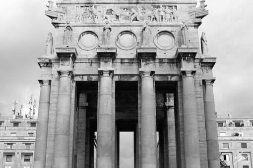 Massive columns rise to the sky as base for a giant historical construction. Photo captured by Travel Photographer Scott Allen Wilson.