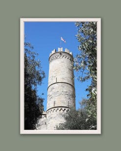 Splendid work of art surrounded by a white wooden frame, showcasing the great tower of the Porta Soprana: ancient entrance to the port city of Genova.