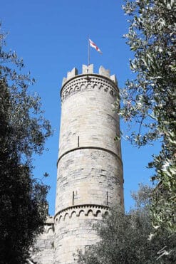 In this captivating shot Travel Photographer Scott Allen Wilson shows the tall stone tower “Soprana”, bathing among the green branches of some olive trees.