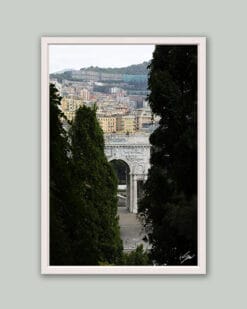 Wooden framed artistic print of a charming scenery in Genova, Italy, showcasing groups of residences and a white stone arch, immersed in nature. Photo captured by Travel Photographer Scott Allen Wilson.